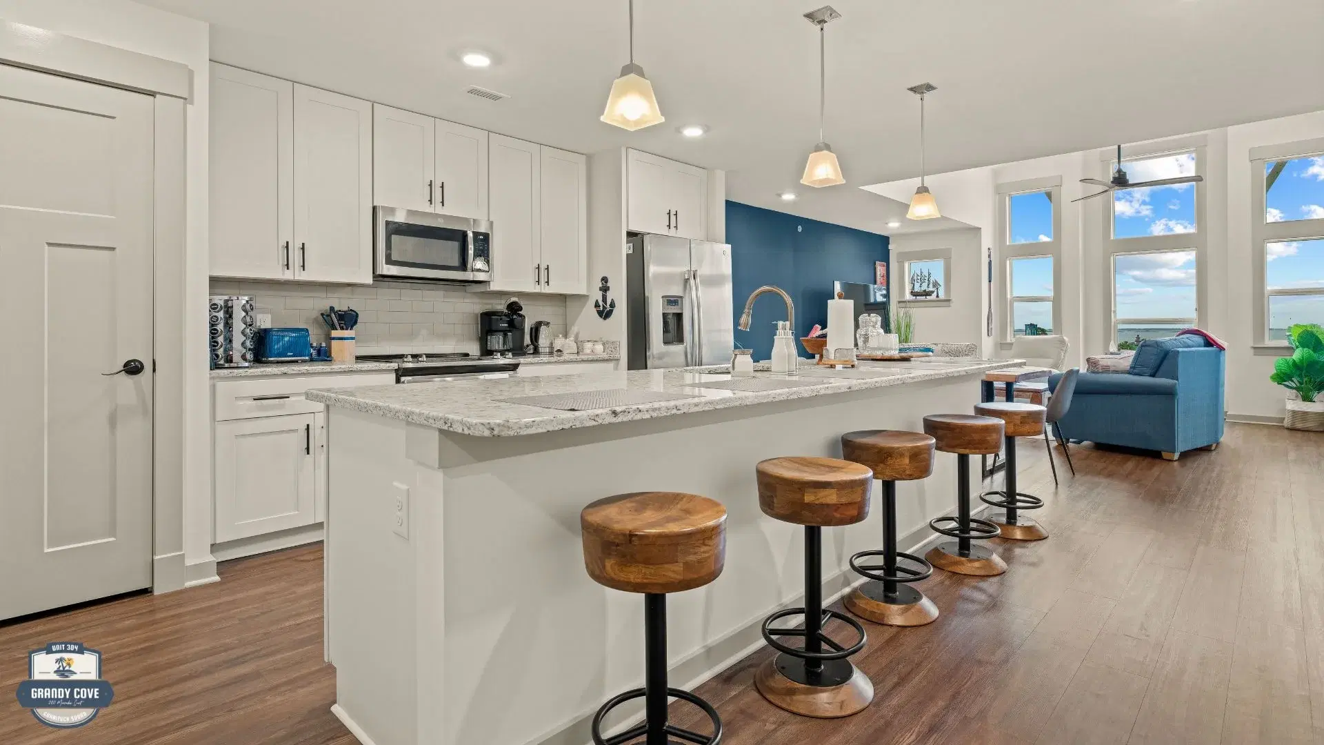Grandy Cove kitchen with large island and bar seating