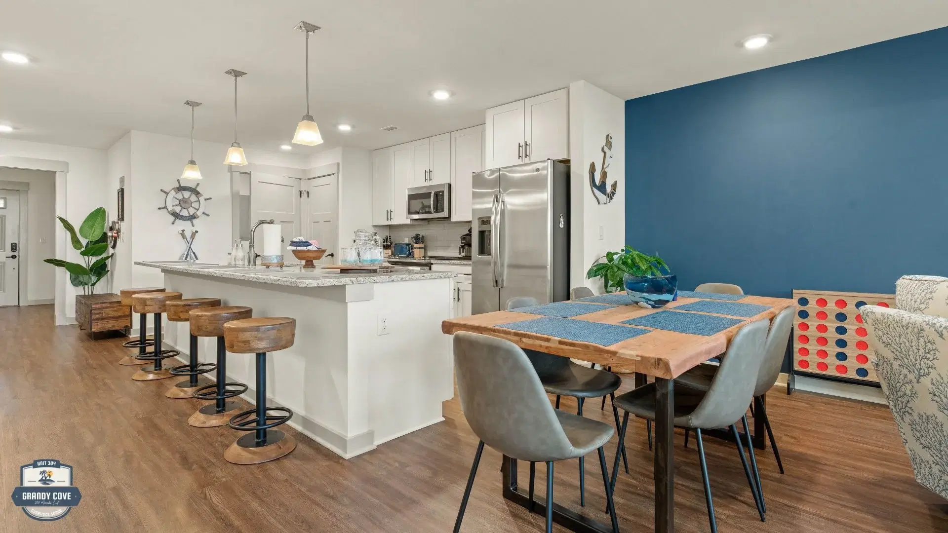 Grandy Cove living room with blue accent wall