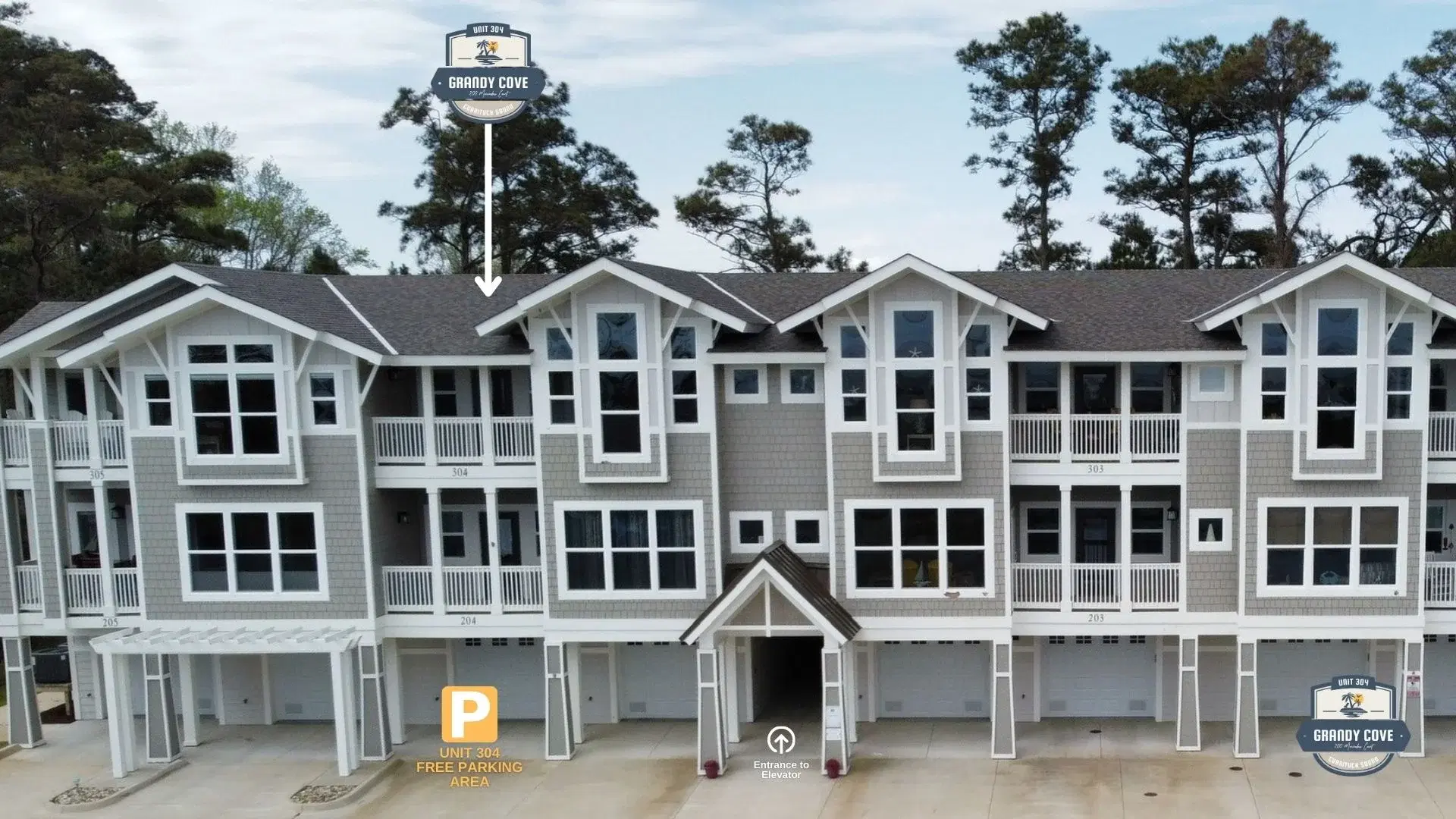 Grandy Cove — front exterior of the waterfront home