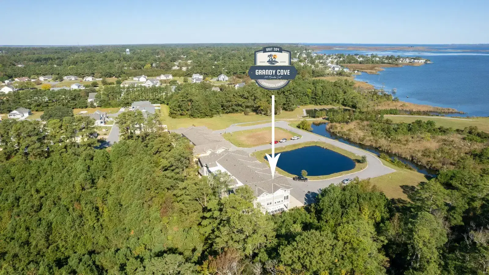 Aerial view of Grandy Cove canal and grounds