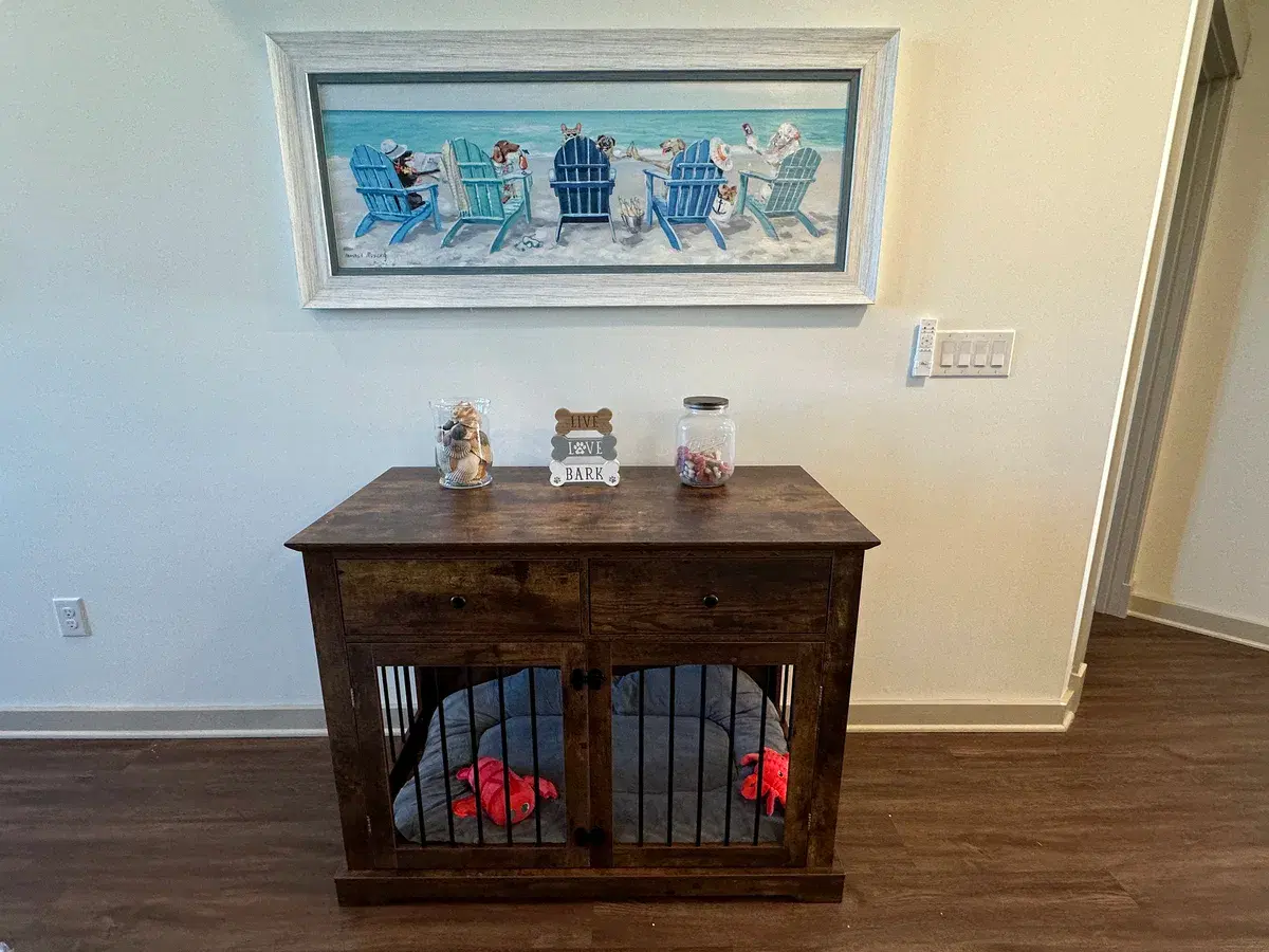 Cozy dog bed with toy near the waterfront window