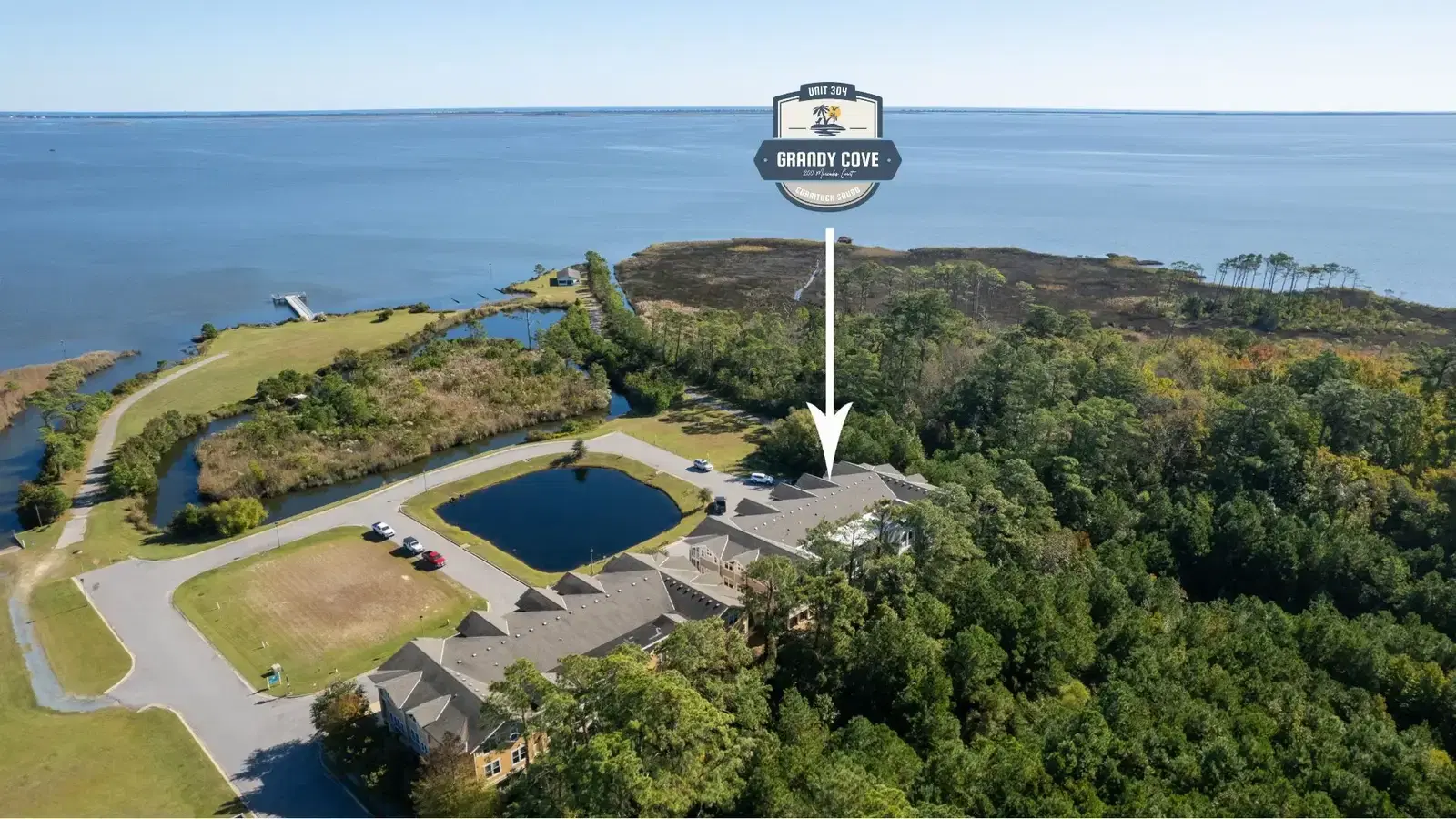 Aerial view of Grandy Cove and surrounding Currituck Sound waterway