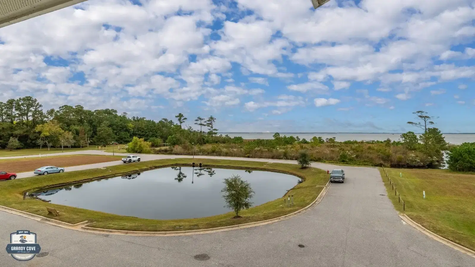 Grandy Cove aerial view showing pond and Currituck Sound