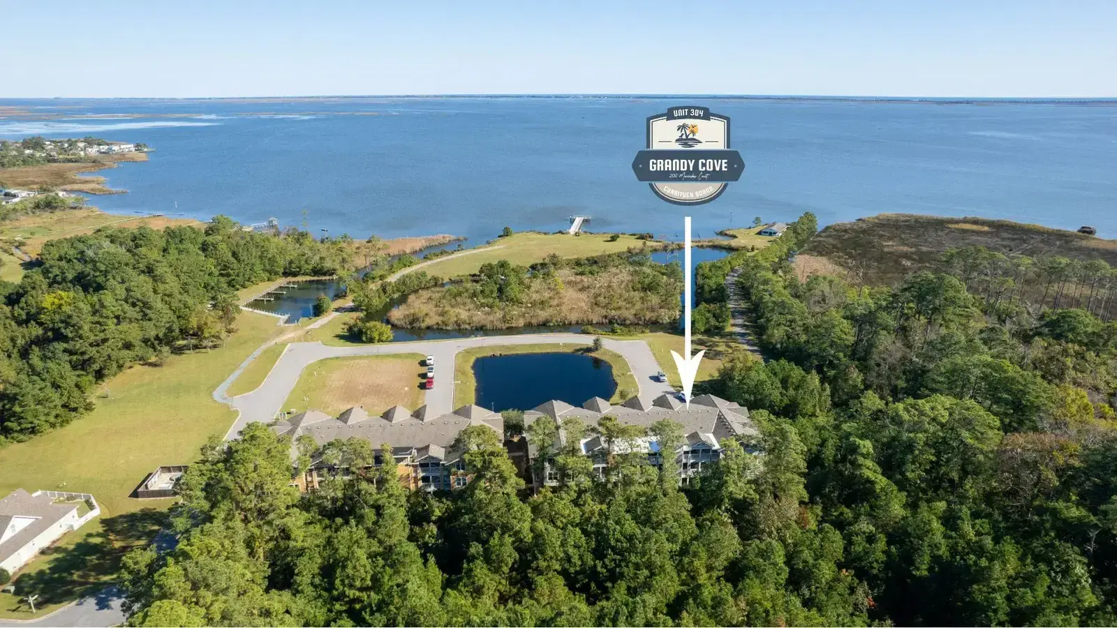 Wide aerial drone view of Grandy Cove and Currituck Sound