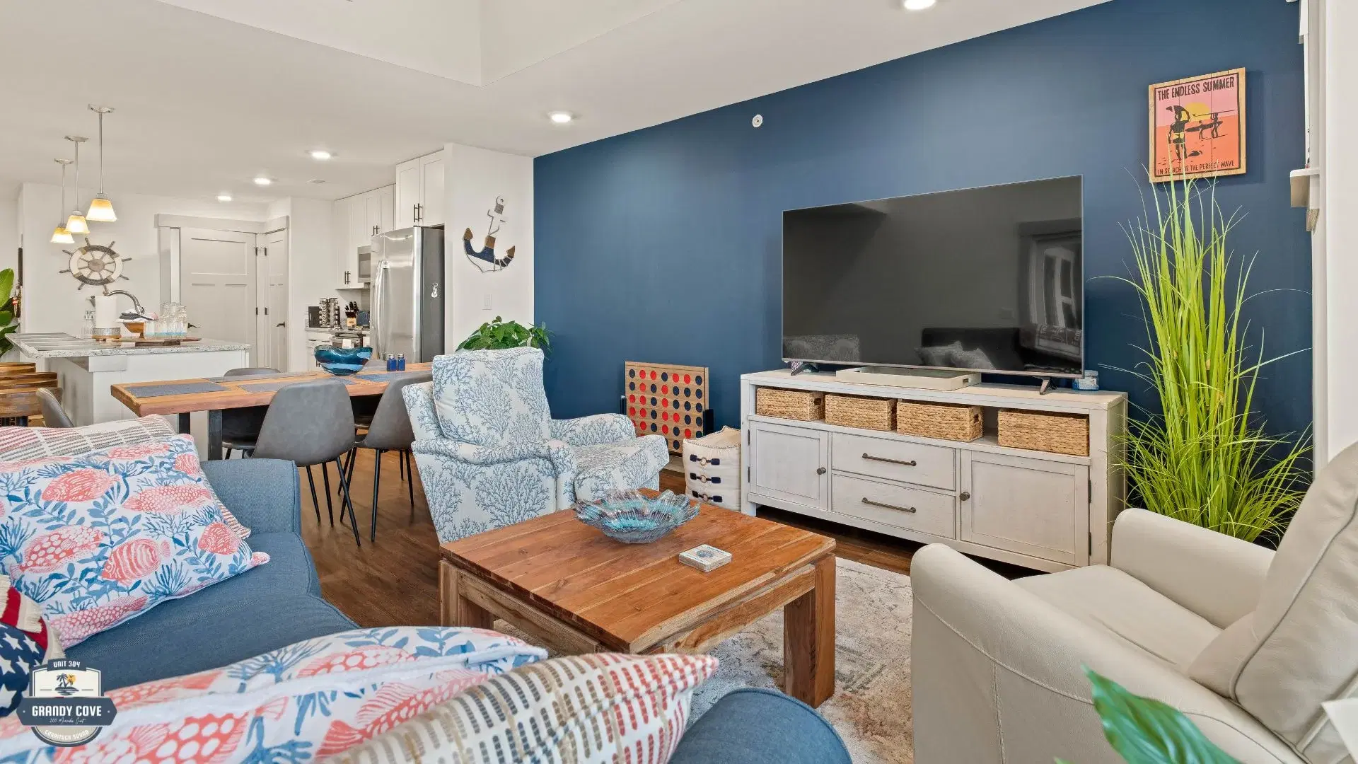 Grandy Cove open-plan living area with coastal décor
